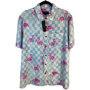 Margaritaville Flamingo Print Button‎ Down Shirt Pink & Blue Med Tropical Aloha
